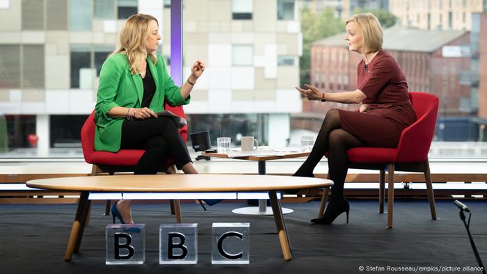 Laura Kuenssberg (left) interviews Prime Minister Liz Truss on the BBC on October 2, 2022.