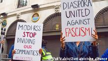 September 22, 2022, London, England, United Kingdom: Protesters hold anti-Modi signs. Protesters gathered outside the Indian High Commission at India House in London after clashes between Hindu and Muslim youths erupted in Leicester and Birmingham. The demonstrators called for peace and unity, and protested against Indian Prime Minister ModiÃ¢â¬â¢s BJP party and Hindu nationalists RSS, whom they blame for causing division. (Credit Image: Â© Vuk Valcic/ZUMA Press Wire
