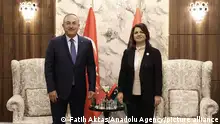 03.10.2022 *** TRIPOLI, LIBYA - OCTOBER 03: Turkish Foreign Minister Mevlut Cavusoglu (L) meets with Najla Mangoush (R), Minister of Foreign Affairs and International Cooperation of Libya in Tripoli, Libya on October 03, 2022. Turkish Minister of Energy and Natural Resources Fatih Donmez, Turkish Defense Minister Hulusi Akar, Turkish Trade Minister Mehmet Mus, Turkiye's Communications Director Fahrettin Altun and Turkish Presidential Spokesman Ibrahim Kalin also came to Libya as part of the high-level visit from Turkiye to Libya. Fatih Aktas / Anadolu Agency