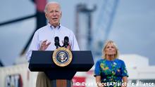 President Joe Biden, with first lady Jill Biden, delivers remarks on Hurricane Fiona, Monday, Oct. 3, 2022, in Ponce, Puerto Rico. (AP Photo/Evan Vucci)