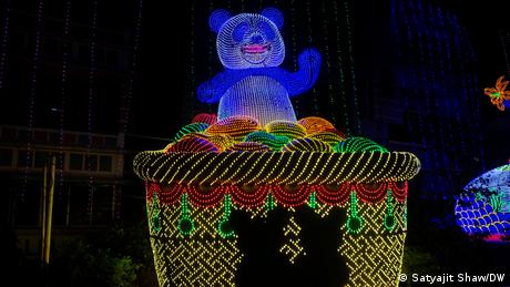 illuminated pandal at Durga Puja festival