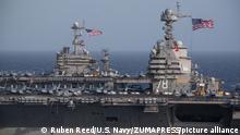 June 4, 2020, Atlantic Ocean, United States: The U.S. Navy Ford-class aircraft carrier USS Gerald R. Ford, right, and the Nimitz-class aircraft carrier USS Harry S. Truman underway together June 4, 2020 in the Atlantic Ocean. This is the first time a Ford-class and a Nimitz-class aircraft carrier operated together. (Credit Image: Â© Mc2 Ruben Reed/U.S. Navy/Planet Pix via ZUMA Wire