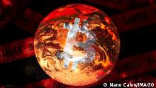 Creative conceptual illustration with Bitcoin logo, burning earth globe and danger sign United States Copyright: xNanoxCalvox NN-BitcoinIllustration_13.jpeg 
