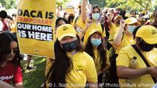 Susana Lujano, left, a dreamer from Mexico who lives in Houston, joins other activists to rally in support of the Deferred Action for Childhood Arrivals program, also known as DACA, at the Capitol in Washington, Wednesday, June 15, 2022. (AP Photo/J. Scott Applewhite)