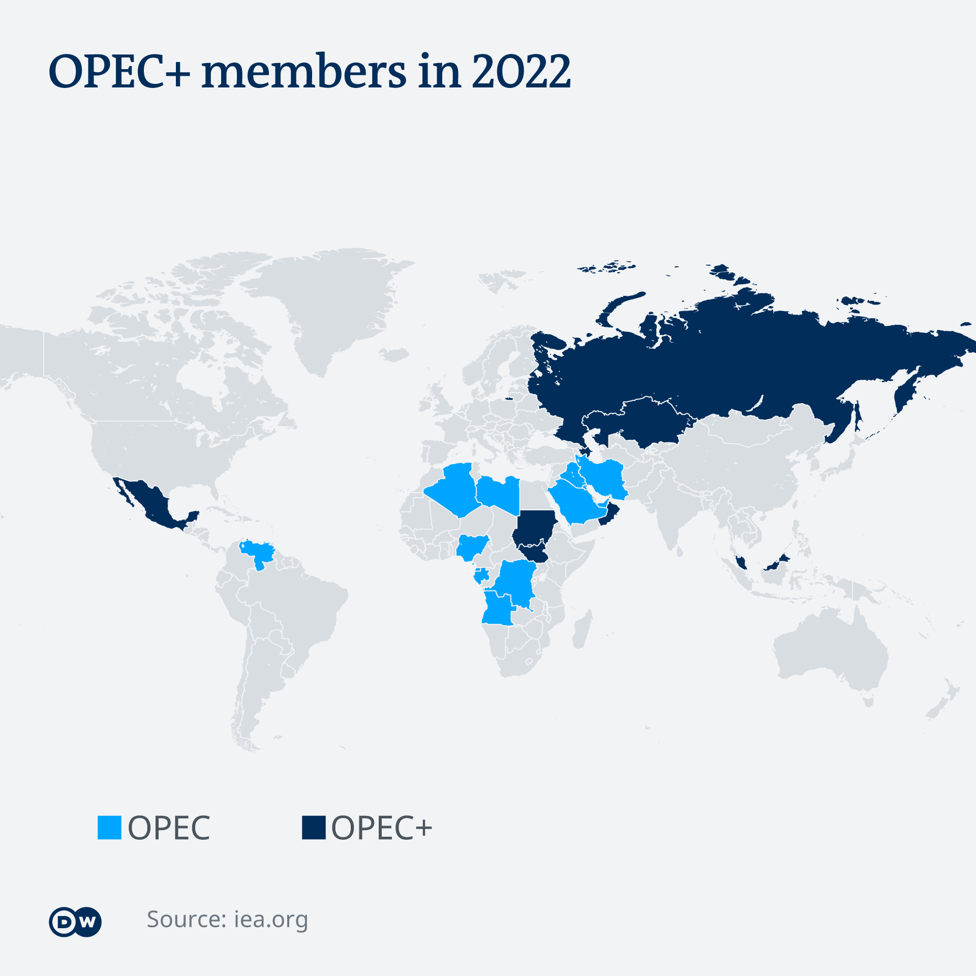 A map showing the OPEC+ member states