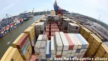 Zahlreiche Container sind am 02.08.2015 auf der MSC Zoe in Hamburg zu sehen. Die MSC Zoe, eines der drei baugleichen größten Containerschiffe der Welt, wurde heute in Hamburg getauft. Foto: Bodo Marks/dpa