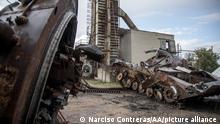 LYMAN, DONETSK OBLAST, UKRAINE, OCTOBER 06: Destroyed armored vehicles are seen piled near by a factory as Russia-Ukraine war continues in Lyman City, Ukraine on October 6, 2022. Narciso Contreras / Anadolu Agency