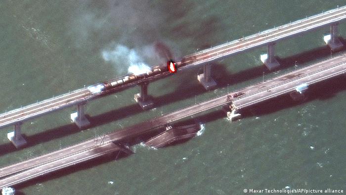 A satellite photo of the damaged Kerch Bridge