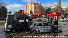 10/10/2022***
Rescue workers survey the scene of a Russian attack on Kyiv, Ukraine on Monday, Oct. 10, 2022. Two explosions rocked Kyiv early Monday following months of relative calm in the Ukrainian capital. (AP Photo/Adam Schreck)