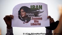 09/10/2022***
A drawing depicting Mahsa Amini reads 'Wome, Life, Freedom' during the march. A protest march took place in Toulouse in solidarity with women in Iran, following the death of the young Iranian woman, Mahsa Amini, who died after being arrested by the Islamic republic's 'morality police'. Police have said Amini fell ill as she waited with other women held by the morality police, who enforce strict rules in the Islamic republic requiring women to cover their hair and wear loose-fitting clothes in public. The death of Mahsa Amini sparked protests worldwide. Several hundreds of people participated to the protest. Toulouse. France. October 9th 2022. (Photo by Alain Pitton/NurPhoto)