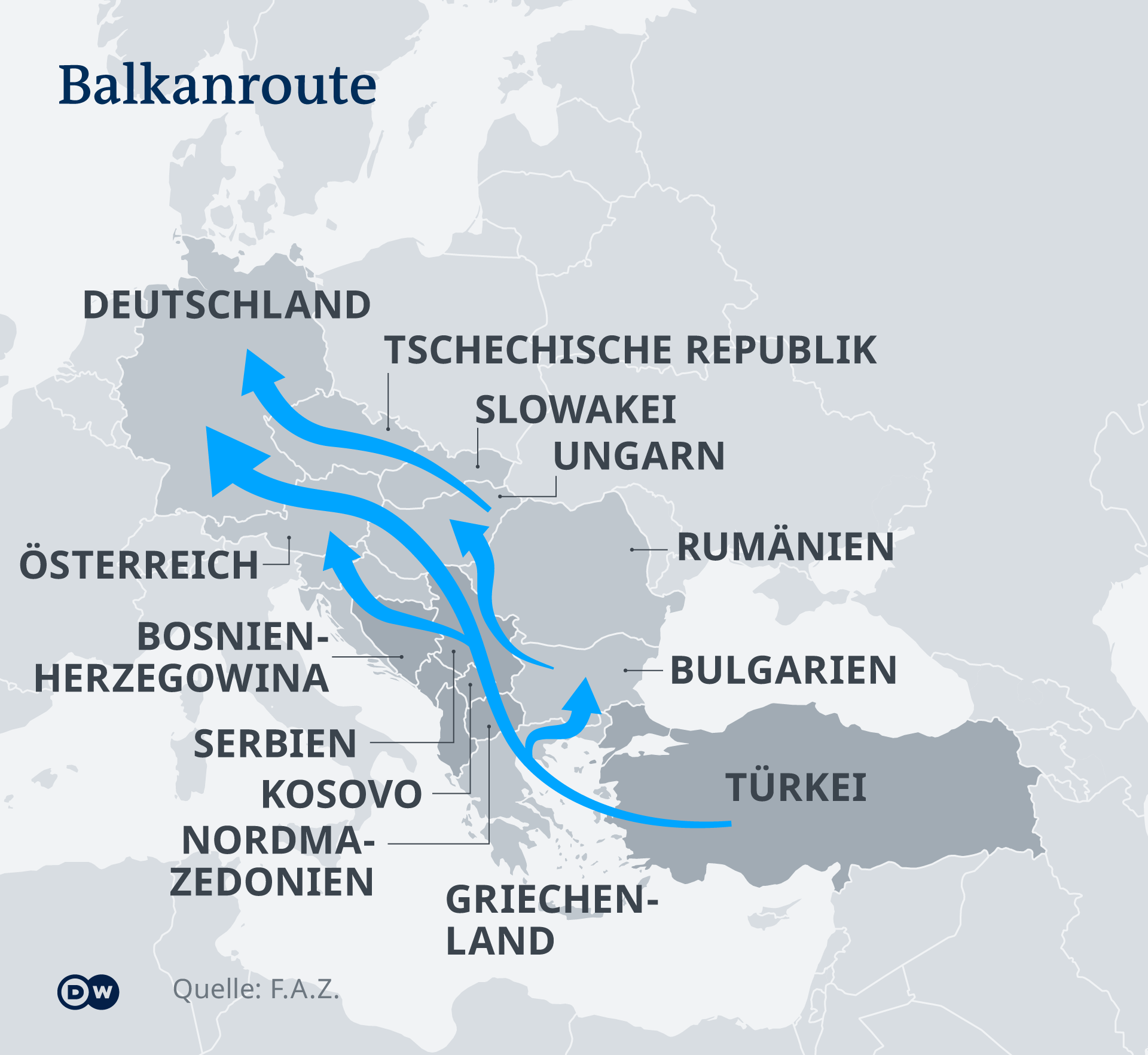 Un mapa que muestra la ruta de los refugiados de los Balcanes a Alemania