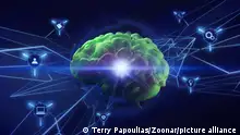 Brain, A.I. 3D rendering concept. A futuristic technology and science composition template, with a human brain network lines and overlay graphics symbols.