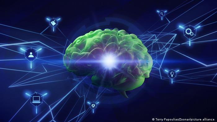 Ilustración 3D de un cerebro con conexiones luminosas.