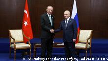 13.10.2022, ASTANA****
Russia's President Vladimir Putin and Turkey's President Tayyip Erdogan meet on the sidelines of the 6th summit of the Conference on Interaction and Confidence-building Measures in Asia (CICA), in Astana, Kazakhstan October 13, 2022. Sputnik/Vyacheslav Prokofyev/Pool via REUTERS ATTENTION EDITORS - THIS IMAGE WAS PROVIDED BY A THIRD PARTY.