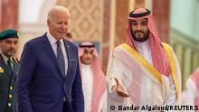 FILE PHOTO: Saudi Crown Prince Mohammed bin Salman receives U.S. President Joe Biden at Al Salman Palace upon his arrival in Jeddah, Saudi Arabia, July 15, 2022. Bandar Algaloud/Courtesy of Saudi Royal Court/Handout via REUTERS ATTENTION EDITORS - THIS PICTURE WAS PROVIDED BY A THIRD PARTY TPX IMAGES OF THE DAY/File Photo