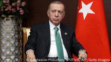 Turkey's President Recep Tayyip Erdogan attends a meeting with Russian President on the sidelines of the Sixth Summit of the Conference on Interaction and Confidence Building Measures in Asia (CICA) in Astana on October 13, 2022. (Photo by Vyacheslav PROKOFYEV / SPUTNIK / AFP) (Photo by VYACHESLAV PROKOFYEV/SPUTNIK/AFP via Getty Images)