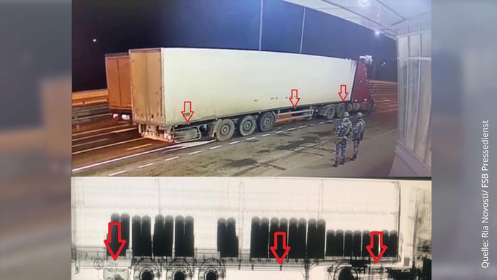 Ukraine Vergleich der Aufnahmen des angeblich für die Krimbrücken-Explosion verantwortlichen LKWs