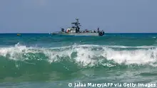 4.10.2022***An Israeli Navy vessel is moored in Mediterranean waters off Israel's crossing at Rosh Hanikra, known in Lebanon as Ras al-Naqura, at the border between the two coutries, on October 4, 2022. - Lebanon said a day earlier it will send remarks to Washington's proposal to resolve a maritime border dispute with Israel, with which it is technically still at war, over gas-rich waters. (Photo by JALAA MAREY / AFP) (Photo by JALAA MAREY/AFP via Getty Images)