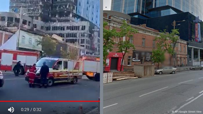 DW Faktencheck Bildvergleich: Per Google Street View (rechts) lässt sich der Ort des Geschehens im Video (links) verifzieren: Das Video entstand nahe des 101 Towers in Kiew (Quelle: Twitter / Google Street View)