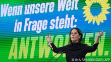German Foreign Minister Annalena Baerbock gesticulates as she delivers a speech during the congress of the Green Party (Buendnis 90/Die Gruenen) in Bonn, western Germany on October 15, 2022. - The first party conference of the Greens to be held in person in three years, takes place this weekend, and focuses in particular on nuclear power plant lifespans and the planned support in the face of rising energy prices. (Photo by Ina FASSBENDER / AFP)