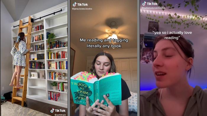 Screenshots von TikToks Videos, auf denen zwei lesenden Frauen und eine Frau vor einem großen Bücherregal zu sehen sind 