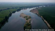 EDIRNE, TURKEY - AUGUST 20: An aerial view of sand islands appearing with dropped water level at Evros River in Edirne, Turkey on August 20, 2020. Amateur fishers go fishing with the low water level. Cihan Demirci / Anadolu Agency