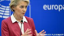 European Commission President Ursula von der Leyen speaks during a press conference on a new package of measures to address high energy prices and ensure security of supply, during a plenary session at the European Parliament in Strasbourg, eastern France, on October 18, 2022. (Photo by Frederick FLORIN / AFP)