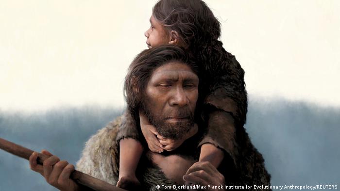 Ilustración artística de un padre neandertal y su hija.