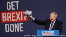 FILE - In this Sunday, Nov. 24, 2019 file photo Britain's Prime Minister Boris Johnson presents the Conservative Party's Manifesto for the General Election campaign, in Telford, England. Since the referendum, Brexit has come to be defined in an increasingly narrow way, largely as a result of British politics. Conservative Prime Minister Theresa May eventually resigned in defeat after her Brexit deal was rejected by Parliament three times. She was replaced by Boris Johnson, who took an even tougher line, defining Brexit as the restoration of British sovereignty and taking back control from Brussels. (AP Photo/Frank Augstein, File)