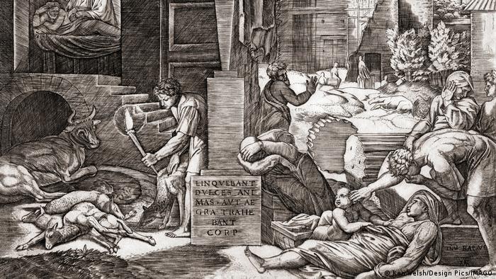 El artista italiano Rafael y el grabador Marcantonio Raimondi realizaron La peste (Il Morbetto) en 1512 o 1513.