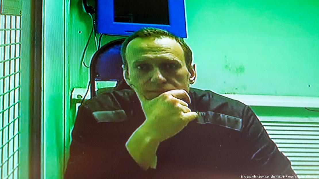 Russian opposition leader Alexei Navalny appears in a Moscow court via video link in 2022