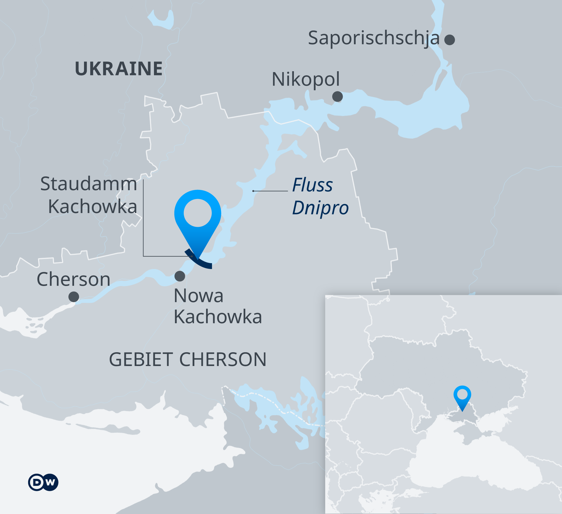 Infografik Karte Staudamm Kachowa in der Ukraine DE