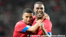 Costa Rica's Jewison Bennette, left, celebrates with his teammate Joel Campbell after scoring a goal during a friendly soccer match against South Korea in Goyang, South Korea, Friday, Sept. 23, 2022. (AP Photo/Ahn Young-joon)