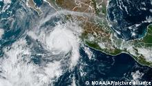 This satellite image taken at 15:30 UTC and provided by NOAA shows Hurricane Roslyn approaching the Pacific coast of Mexico, Saturday, Oct. 22, 2022. Roslyn grew to Category 4 force on Saturday as it headed for a collision with Mexico’s Pacific coast, likely north of the resort of Puerto Vallarta. (NOAA via AP)