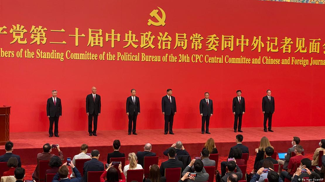 New members of the Politburo Standing Committee stand in a row