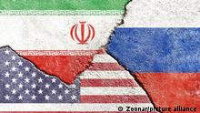 Grunge Iran vs USA vs Russia national flags icon on broken weathered wall with cracks background, abstract Iran US Russia politics relationship divided conflicts concept pattern texture wallpaper