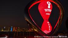 (211126) -- DOHA, Nov. 26, 2021 (Xinhua) -- A countdown clock of the FIFA World Cup 2022 is seen at Doha Corniche in Doha, Qatar on Nov. 25, 2021. (Photo by Nikku/Xinhua)