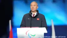 (220313) -- BEIJING, March 13, 2022 (Xinhua) -- Cai Qi, president of the Beijing Organising Committee for the 2022 Olympic and Paralympic Winter Games, addresses the closing ceremony of the Beijing 2022 Paralympic Winter Games at the National Stadium in Beijing, capital of China, March 13, 2022. (Xinhua/Wu Zhuang)