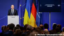25.10.2022+++ German Chancellor Olaf Scholz speaks during an opening statement as he hosts a conference on post-war reconstruction of Ukraine in Berlin, Germany, October 25, 2022. REUTERS/Michele Tantussi
