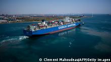 A photograph taken on July 23, 2020, from an industrial gantry crane, shows the Cosco Shipping Cargo leaving the EuroFos terminal at the Fos-Sur-Mer harbour, in Marseille, southern France. - PortSynergy group, French port handling operator, manages France's largest container terminal, EuroFos located in Fos-sur-Mer harbour. (Photo by CLEMENT MAHOUDEAU / AFP) (Photo by CLEMENT MAHOUDEAU/AFP via Getty Images)