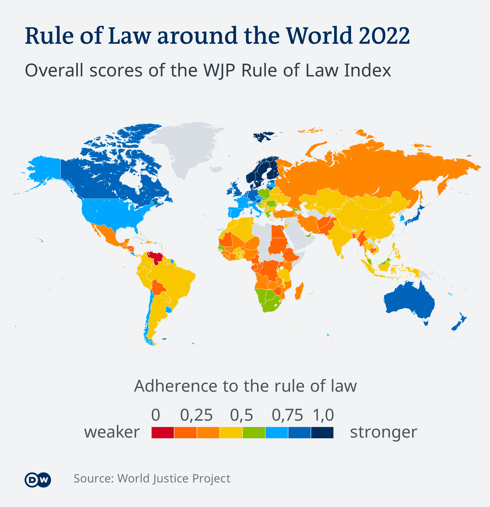 Map showing ranking of Rule of Law Index 2022