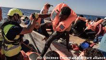AT SEA, LIBYA - OCTOBER 25: 35 irregular migrants, including 4 children, from Pakistan, Egypt, Sudan, South Sudan rescued in the Mediterranean Sea, at the international waters of Libya by Ocean Viking ship with the air support on October 25, 2022. Vincenzo Circosta / Anadolu Agency