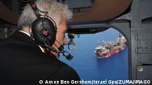 July 19, 2022, Lebanese Border, Israel: Israeli Prime Minister YAIR LAPID flies over the Karish offshore natural gas field. Israeli forces on Monday intercepted a drone that Lebanon s Hezbollah terror group apparently flew over the border, three weeks after downing four UAVs launched by the terror group towards the Karish gas field. Lebanese Border Israel - ZUMAi99_ 20220719_zip_i99_002 Copyright: xAmosxBenxGershom/IsraelxGpox 