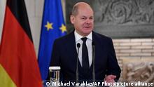 German Chancellor Olaf Scholz answers a question during a press conference after a meeting with Greek Prime Minister Kyriakos Mitsotakis at Maximos Mansion in Athens, Thursday, Oct. 27, 2022. Scholz is in Athens on a two-day official visit. (AP Photo/Michael Varaklas)