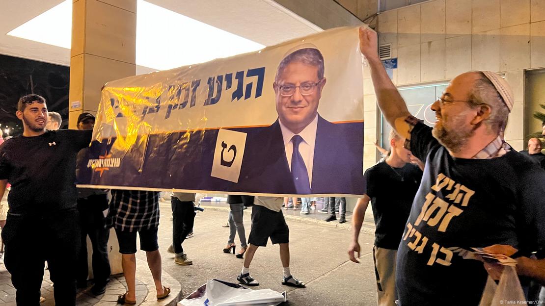 Two men holding up a banner of Itamar Ben Gvir