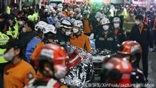 (221030) -- SEOUL, Oct. 30, 2022 (Xinhua) -- Rescuers work at the site of a stampede accident in Itaewon, a district of Seoul, South Korea, Oct. 30, 2022. At least 146 people were killed and 150 others injured in a stampede accident that occurred Saturday night at Itaewon, a district of the South Korean capital Seoul, during Halloween gatherings, local authorities said early Sunday morning. (NEWSIS via Xinhua)
