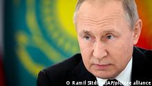 Russian President Vladimir Putin attends the Summit of the Commonwealth of Independent States (CIS), in Astana, Kazakhstan, Friday, Oct. 14, 2022. (Ramil Sitdikov, Sputnik, Kremlin Pool Photo via AP)