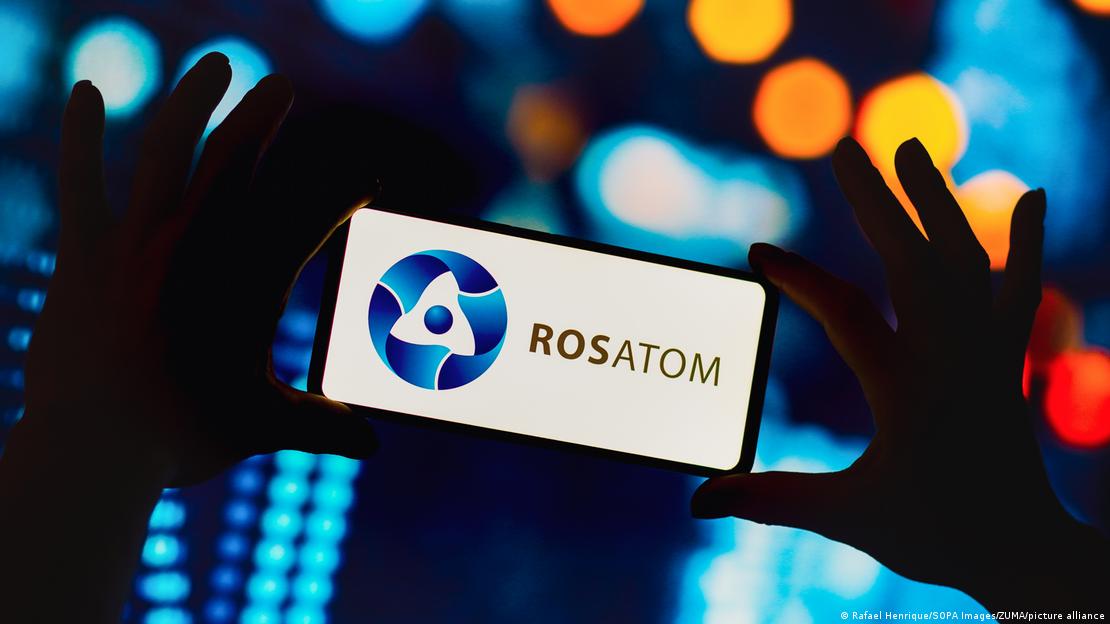 In this photo illustration, the State Atomic Energy Corporation Rosatom logo seen displayed on a smartphone.