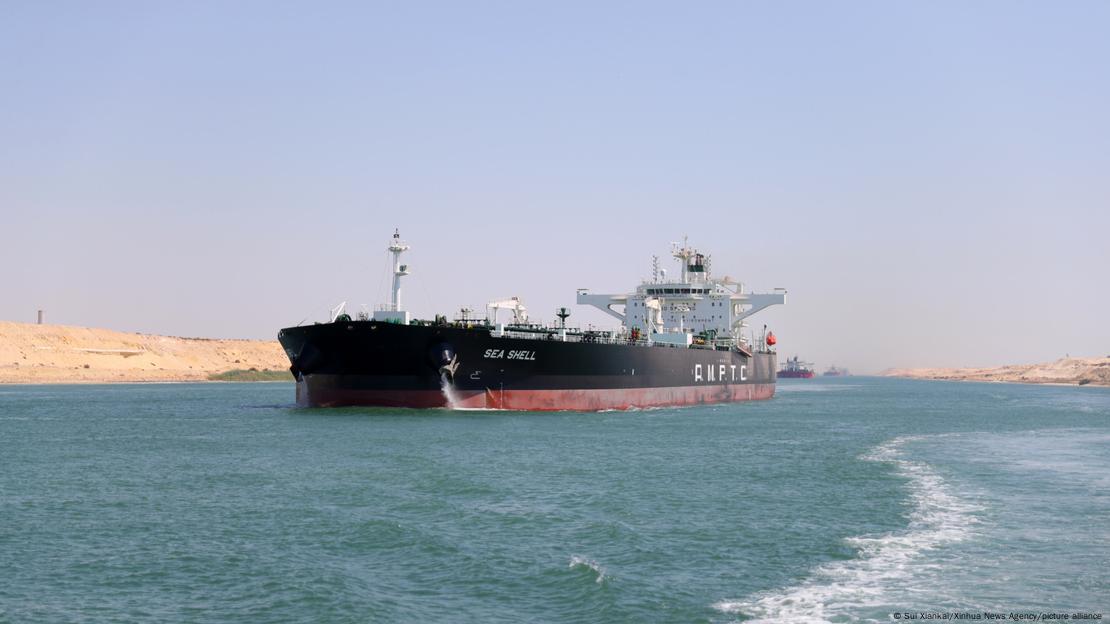 A ship sails on the Suez Canal in Ismailia Province, Egypt.