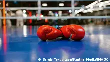Pair of red leather boxing gloves on ring, nobody